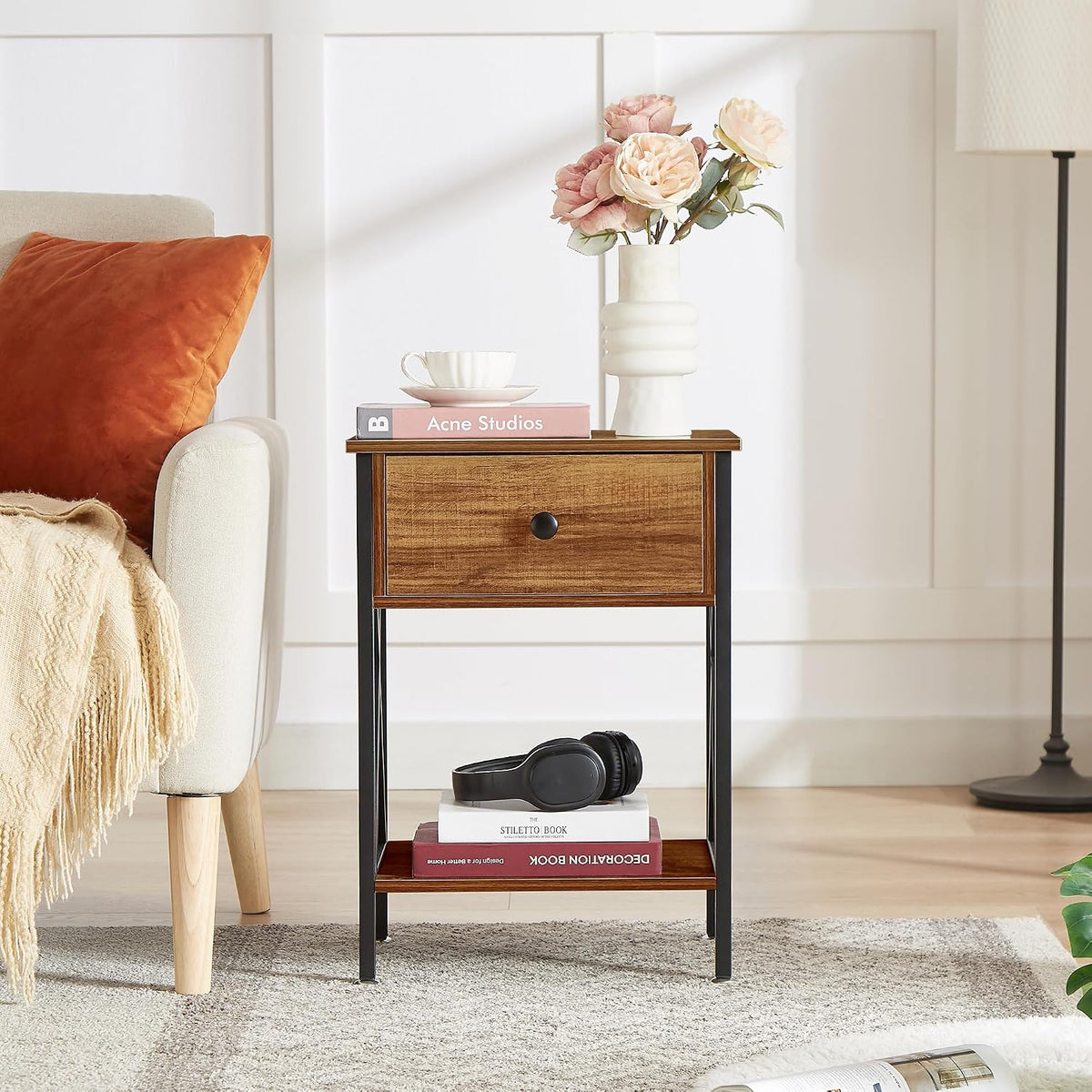 VECELO Nightstands Set of 2, Modern Bedside End Tables, Night Stands with Drawer and Storage Shelf for Living Room Bedroom, Industrial Metal Frame