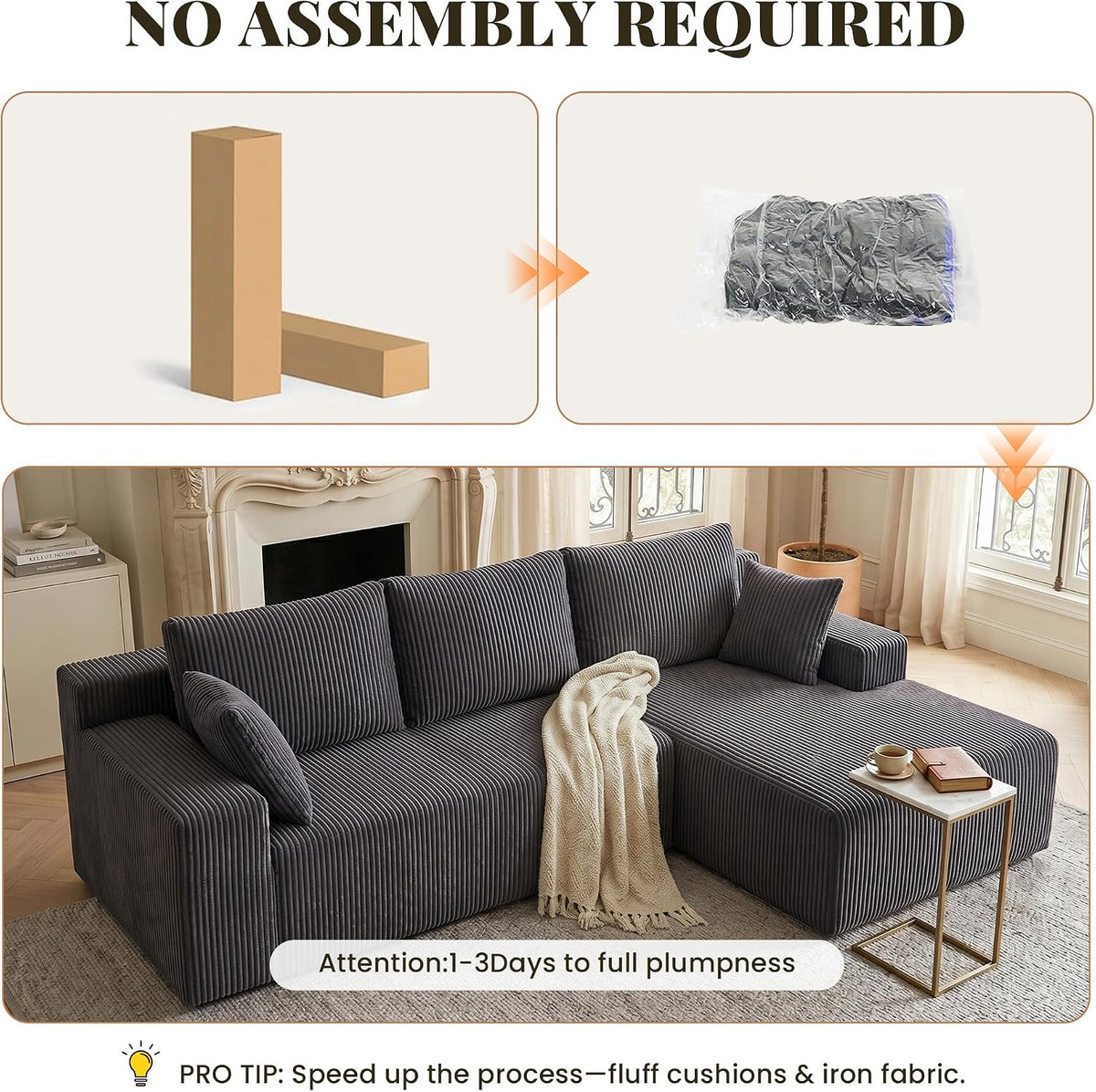 GRUSIGN Cloud Sectional Couches for Living Room, Modular L Shaped Couch with Deep Seat Oversized Right Facing Chaise, Memory Foam Compressed Spineless 3 Seater Sofa, Wide-Striped Grey
