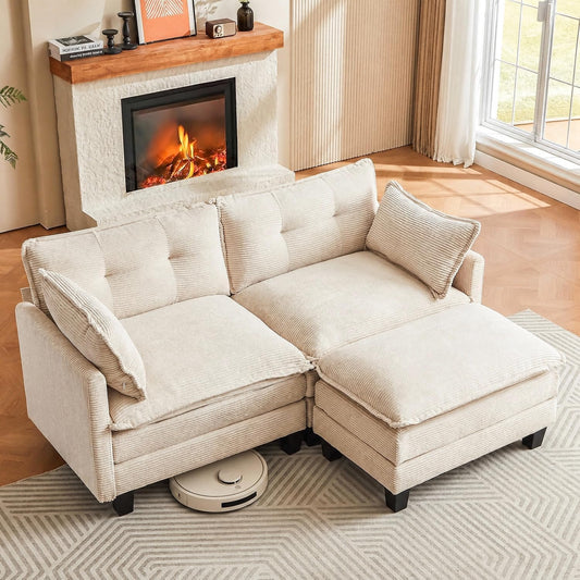Amsleekey 76.5" L-Shaped Modular Sectional Sofa, Beige Corduroy | Cloud Couch for Living Room, 2 Seater Deep Seat Convertible Sleeper Sofa with 1 Movable Ottomans and 2 Leg Height Options