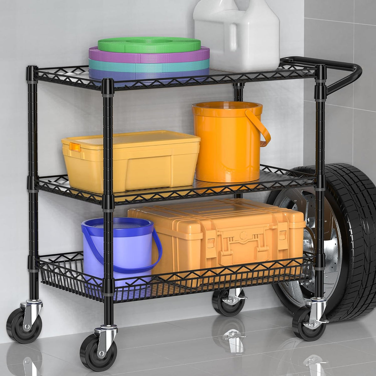 Folews Heavy Duty Rolling Cart with Wheels, 3 Tier Commercial Grade Utility Cart, Metal Storage Organizer Trolley with Handle Bar & Shelf Liner for Pantry, Laundry Room & Household Supplies, Black