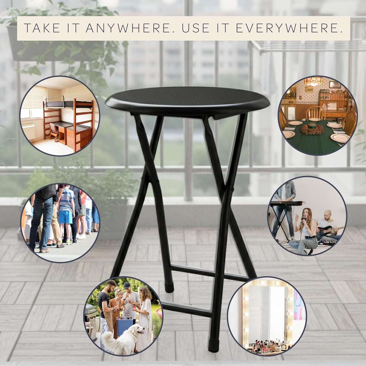 Folding Stool - Backless 18-Inch Stool with 225lb Capacity for Kitchen or Rec Room - Portable Indoor Counter Bar Stools by Lavish Home (Black)