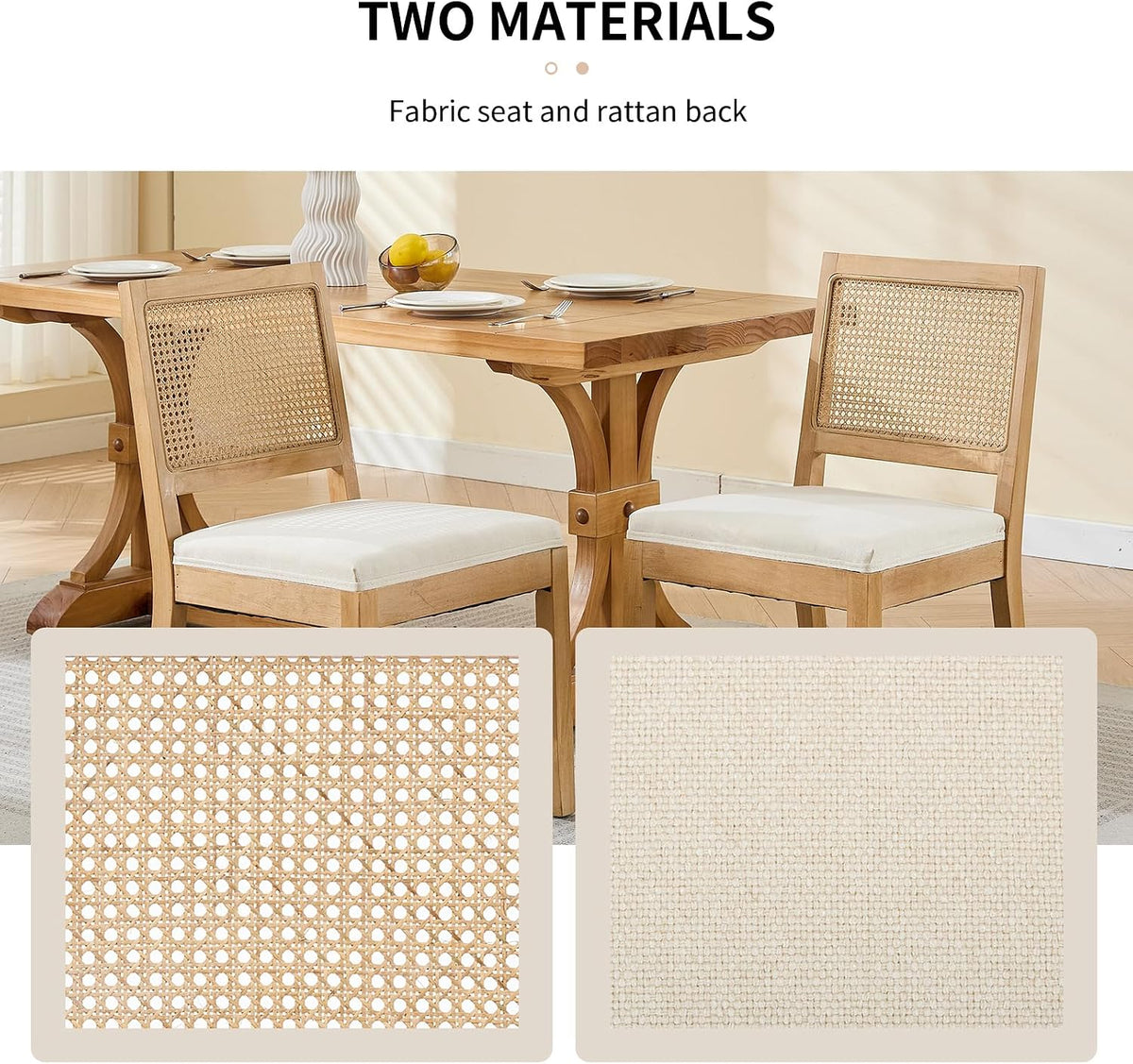 Vintage French Country Dining Chairs Set of 6, Rattan Dining Chairs with a Low Square Back, Beige Upholstered Dining Chair, Sillas para Comedor, Kitchen & Dining Room Chair (Beige, 6Pcs)