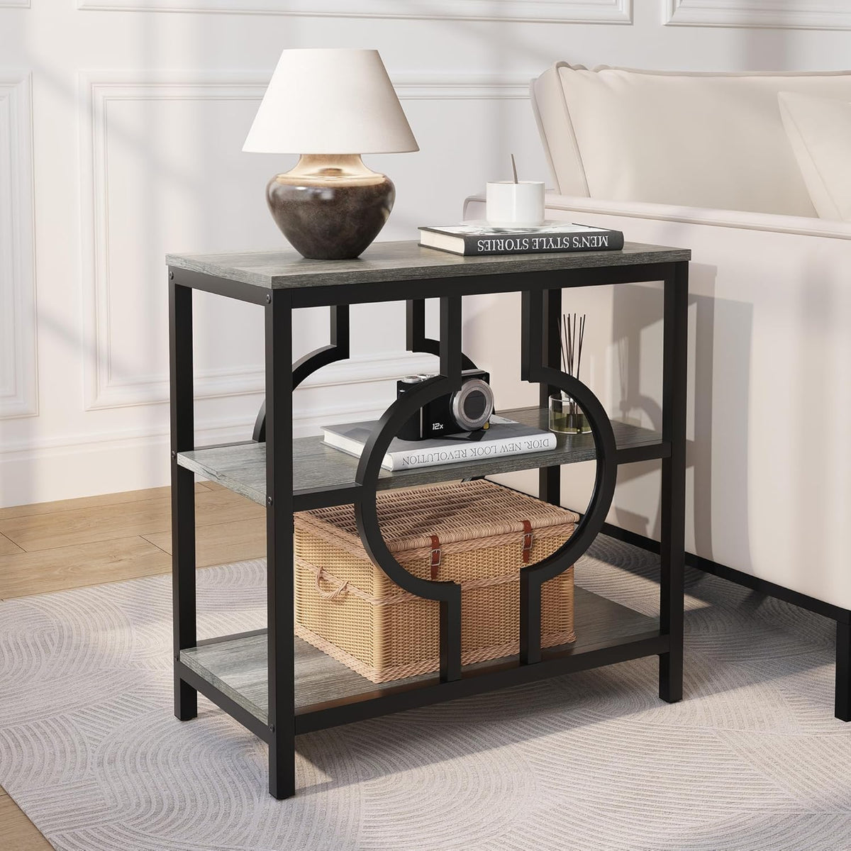 End Table Set of 2, Narrow Side Table with 3-Tier Storage Shelves, Wood Sofa Side Table with Geometric Metal Frame for Living Room, Industrial Bedside Nightstand for Bedroom (Gray)