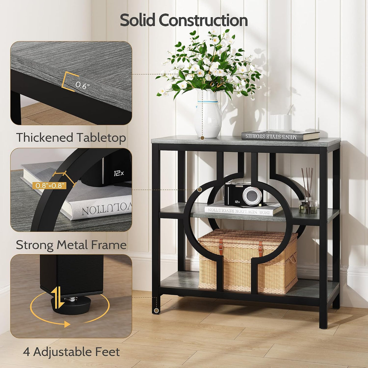 End Table, Narrow Side Table with 3-Tier Storage Shelves, Wood Sofa Side Table with Geometric Metal Frame for Living Room, Industrial Bedside Nightstand for Bedroom (1, Gray)