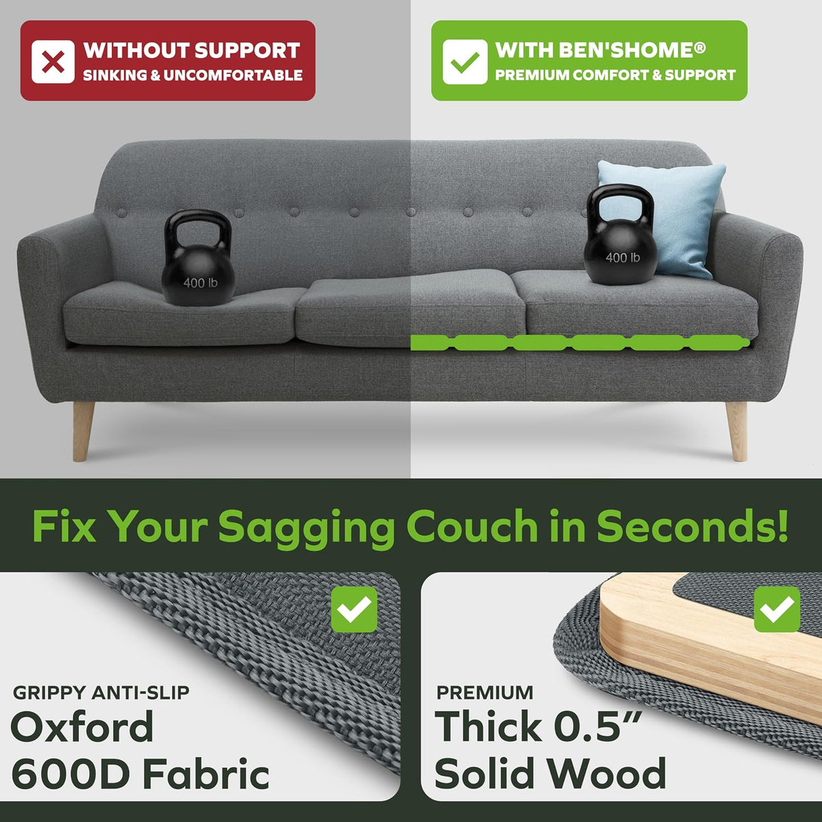 BEN'SHOME® Deep Couch Cushion Support, Fix Sagging Sofas | 68-81" x 30" | Thick 0.5״ Solid Wood Boards Under Cushions with Anti-Slip Fabric to Repair Sagging Sofa Springs, Worn Couches Replacement