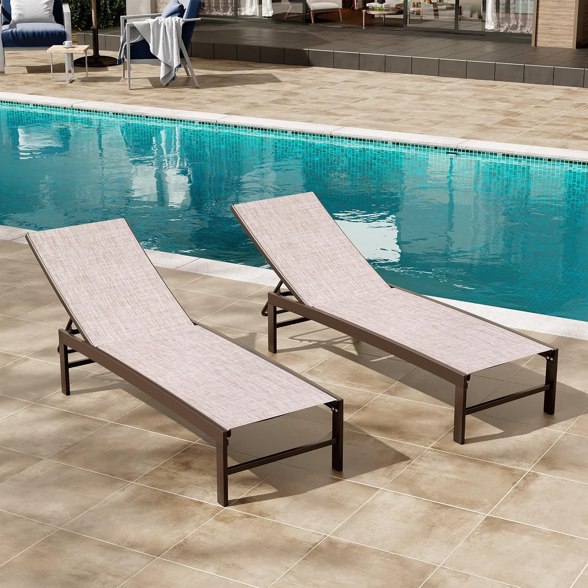 Crestlive Products Lounge Chair Outdoor Set of 2, Metal Pool Chaise Lounge Chairs, Adjustable Five-Position Tanning Recliner, All Weather for Patio, Beach, Yard, Pool (Beige)