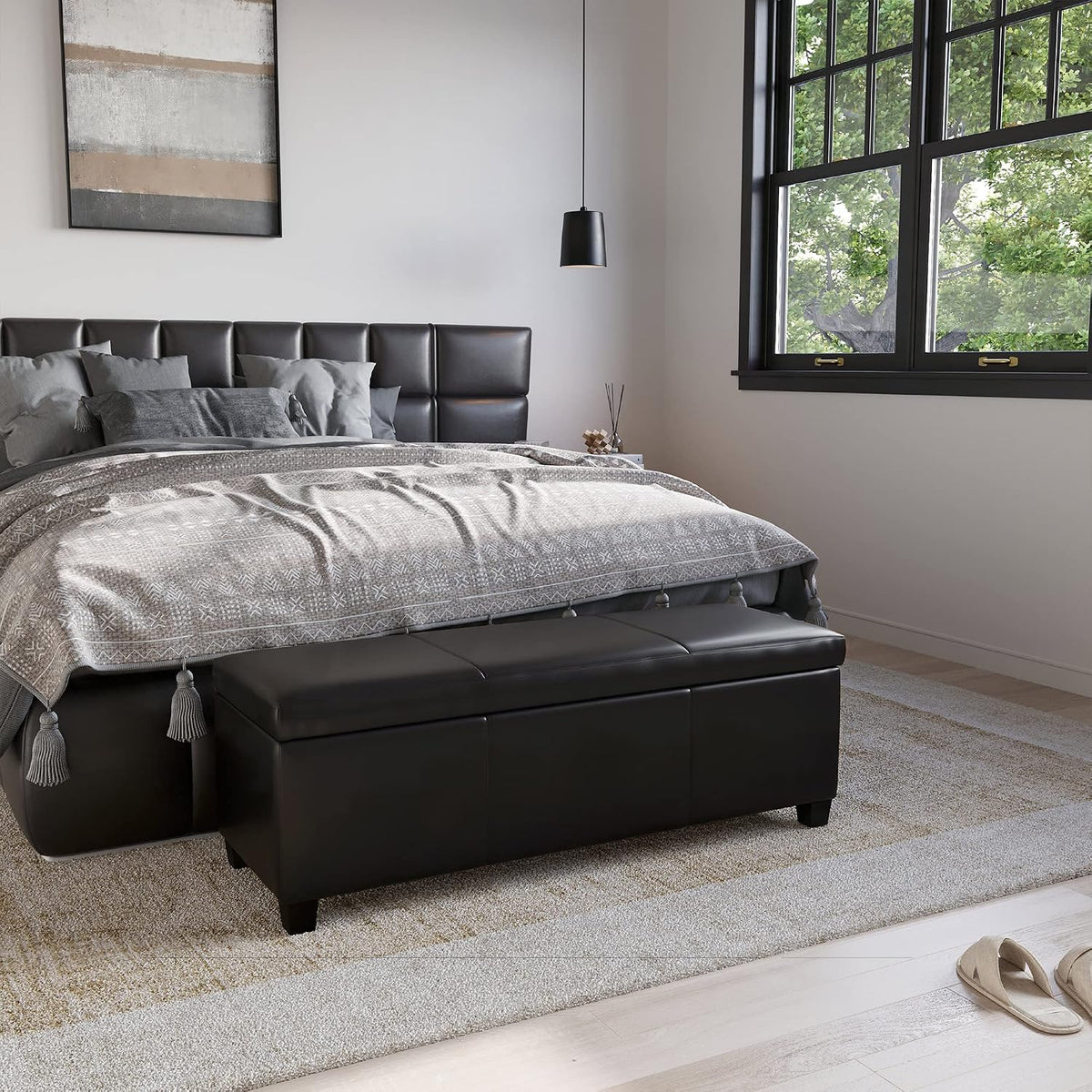 BELLEZE Storage Faux Leather Ottoman, 47 Inch Bench Bedroom Bench with Safety Close Hinge, Extra Long Ottoman with Storage for Living Room, Entryway, Hallway, Foot Rest, Support 300lbs - Black
