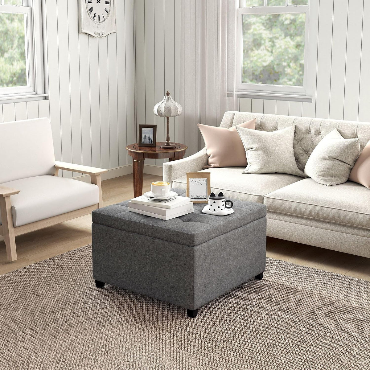 31x26x17inch 450lb Premium Quality Tufted Cotton Storage Ottoman LiftTop Standard Metal Hinge Premium Rubberwood FFor rame Gray
