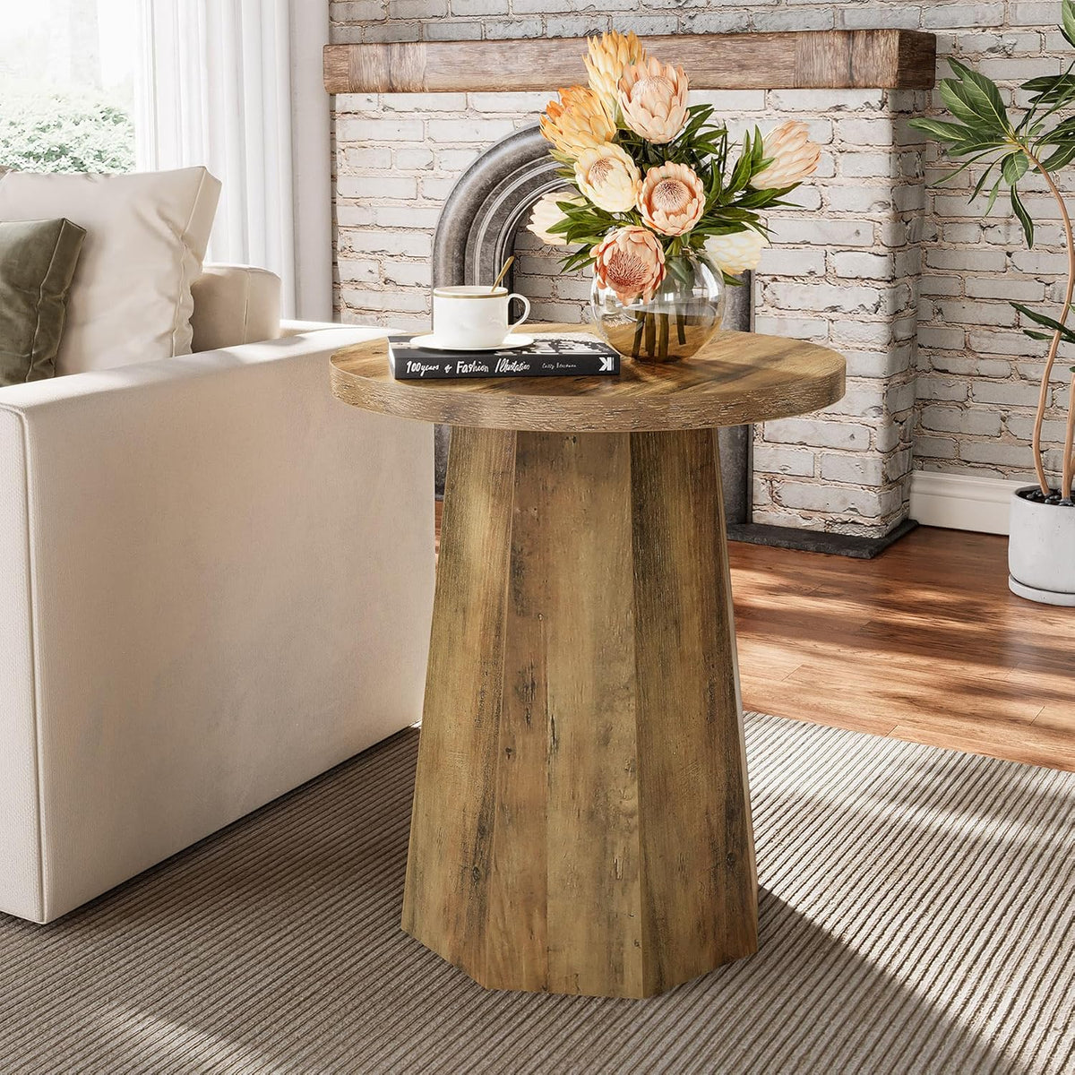 Tribesigns Farmhouse Round End Table, Wooden Couch Side Table with Octagonal Base, Rustic Brown Nightstand Pedestal Accent Furniture for Living Room, Bedroom (1)