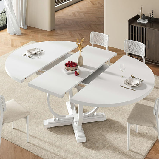 Einhomn 59" Extendable Round Dining Table for 4-6, Modern Oval Kitchen Table with Heavy Duty Curved Legs & Pedestal Base, Space Saving Circle Dinner Room Table for Dining Kitchen Living Room, White