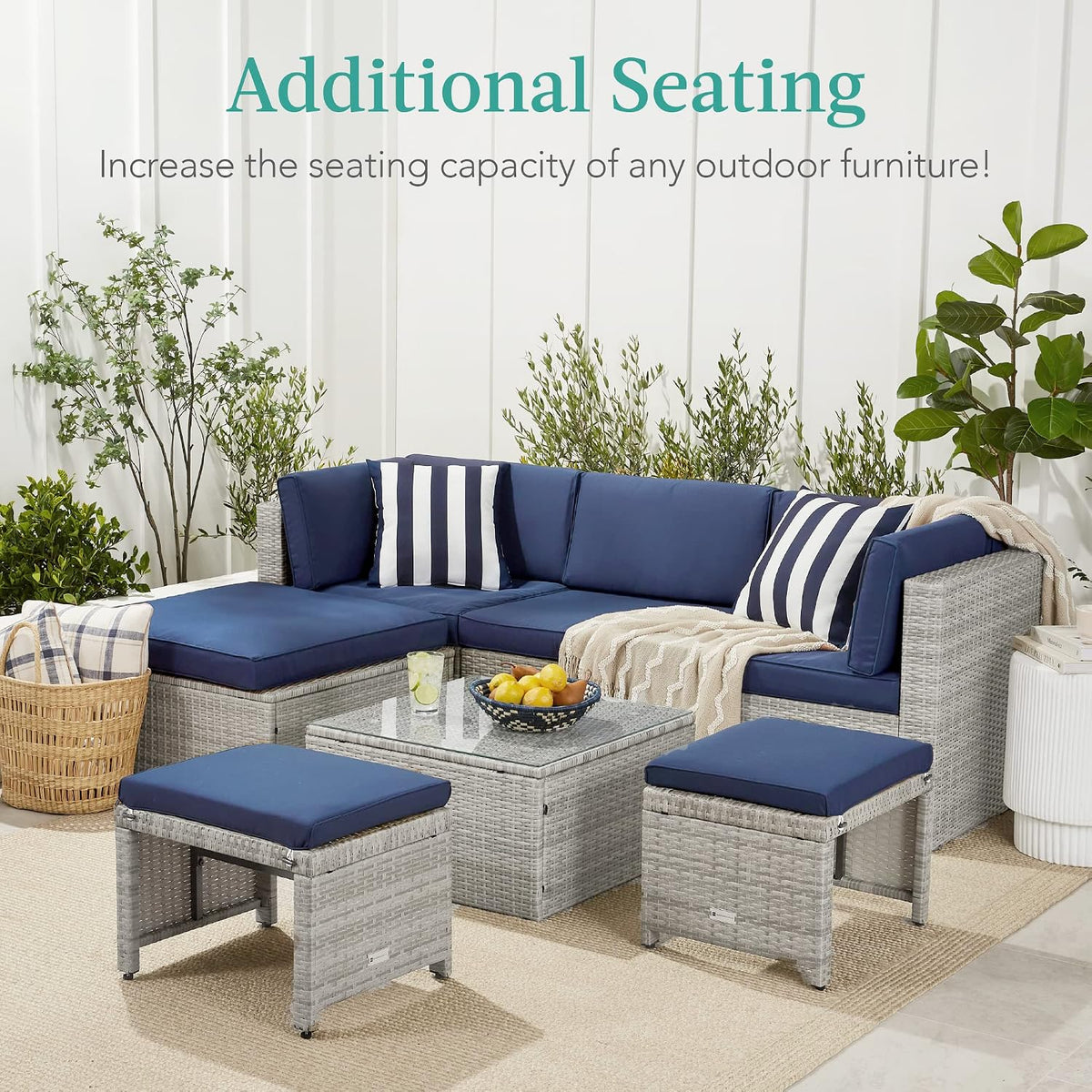 Best Choice Products Set of 2 Wicker Ottomans, Multipurpose Outdoor Furniture for Patio, Backyard, Additional Seating, Footrest, Side Table w/Removable Cushions, Steel Frame - Gray/Navy