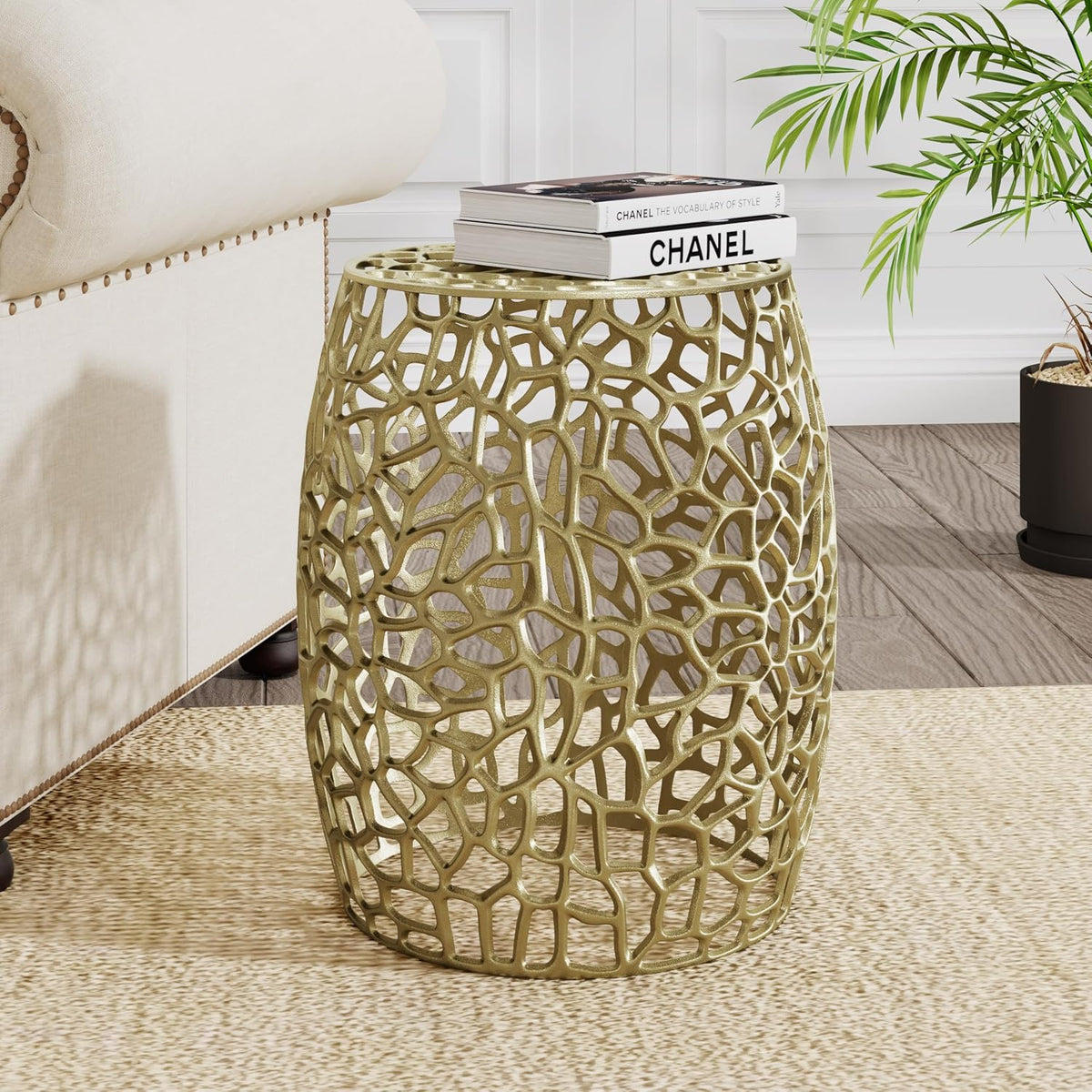 GDFStudio 20.5" H Drum-Shaped End Table Aluminium Round Side Table Small Sofa Coffee Side Tables with Open Mesh Design No Assembly Needed for Living Room Bedroom Balcony Office, Gold