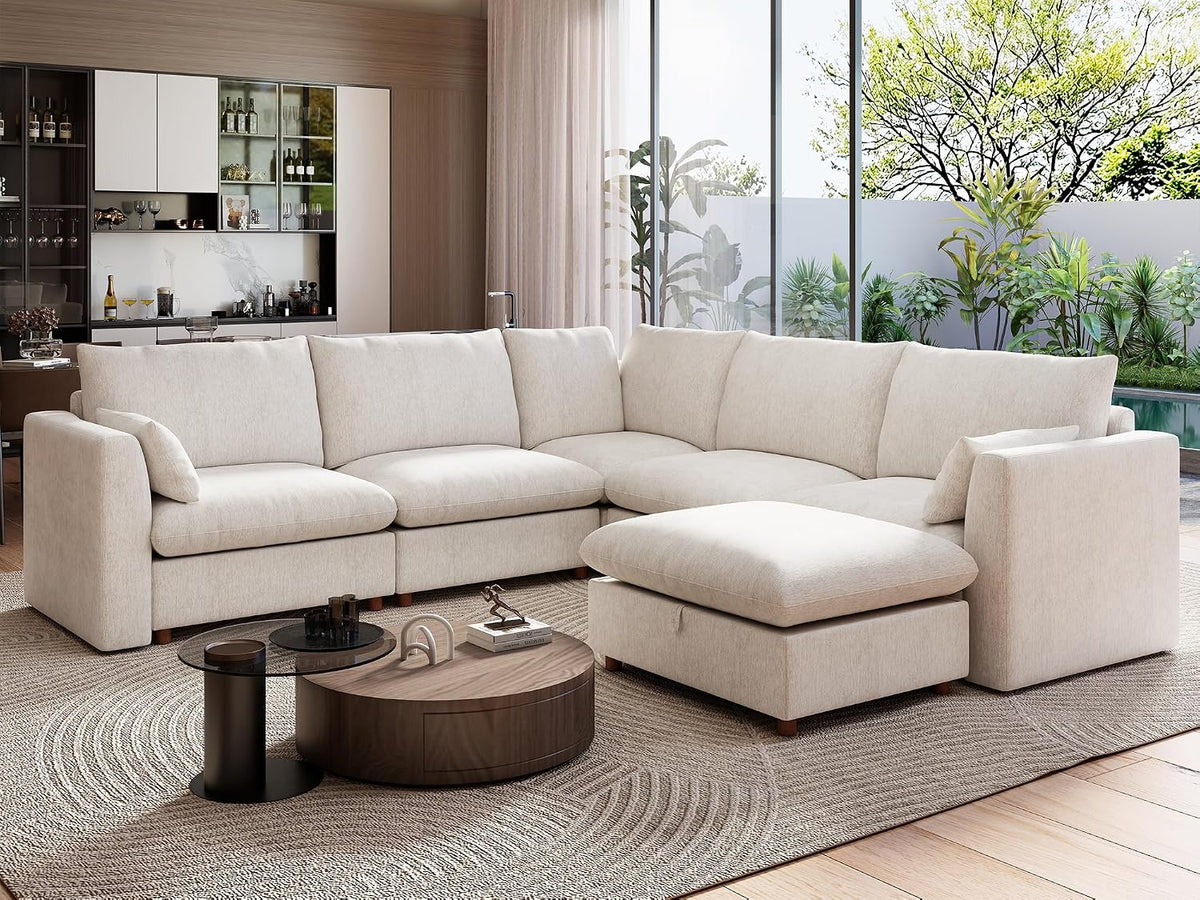 Ihanherry 111" Oversized Modular Sectional Sofa, Modern V Shaped Cloud Couch with Storage Ottoman, 6-Seat Comfy Chenille Deep Seat Sofa with 2 Pillows for Living Room, Beige