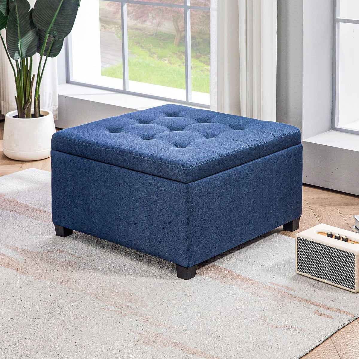 Vintage Storage Ottoman with Button-Tufted Design