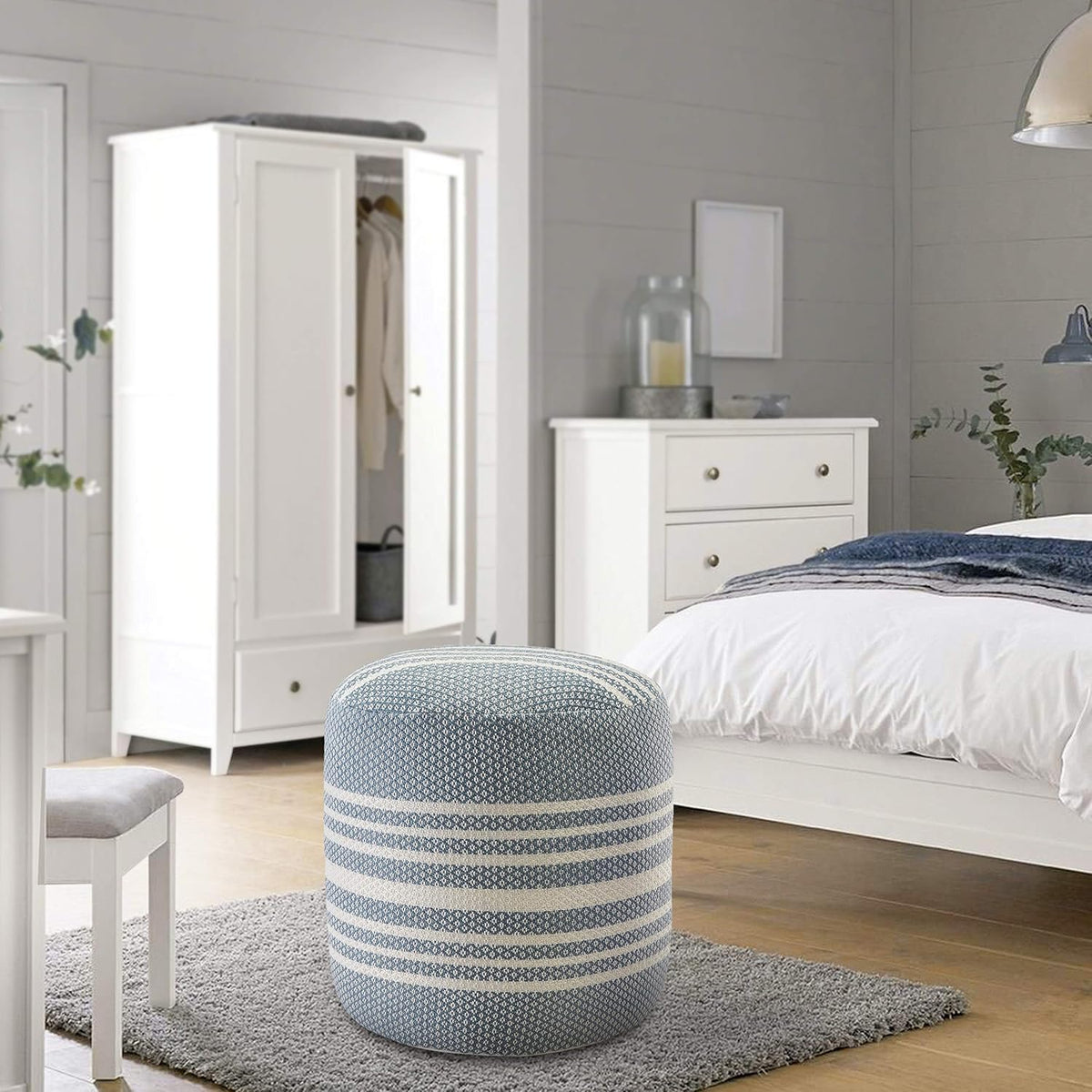 LR Home Simple Stripe Indoor Outdoor Pouf, Blue/White/Pink/Black, 20" x 20" x 20"