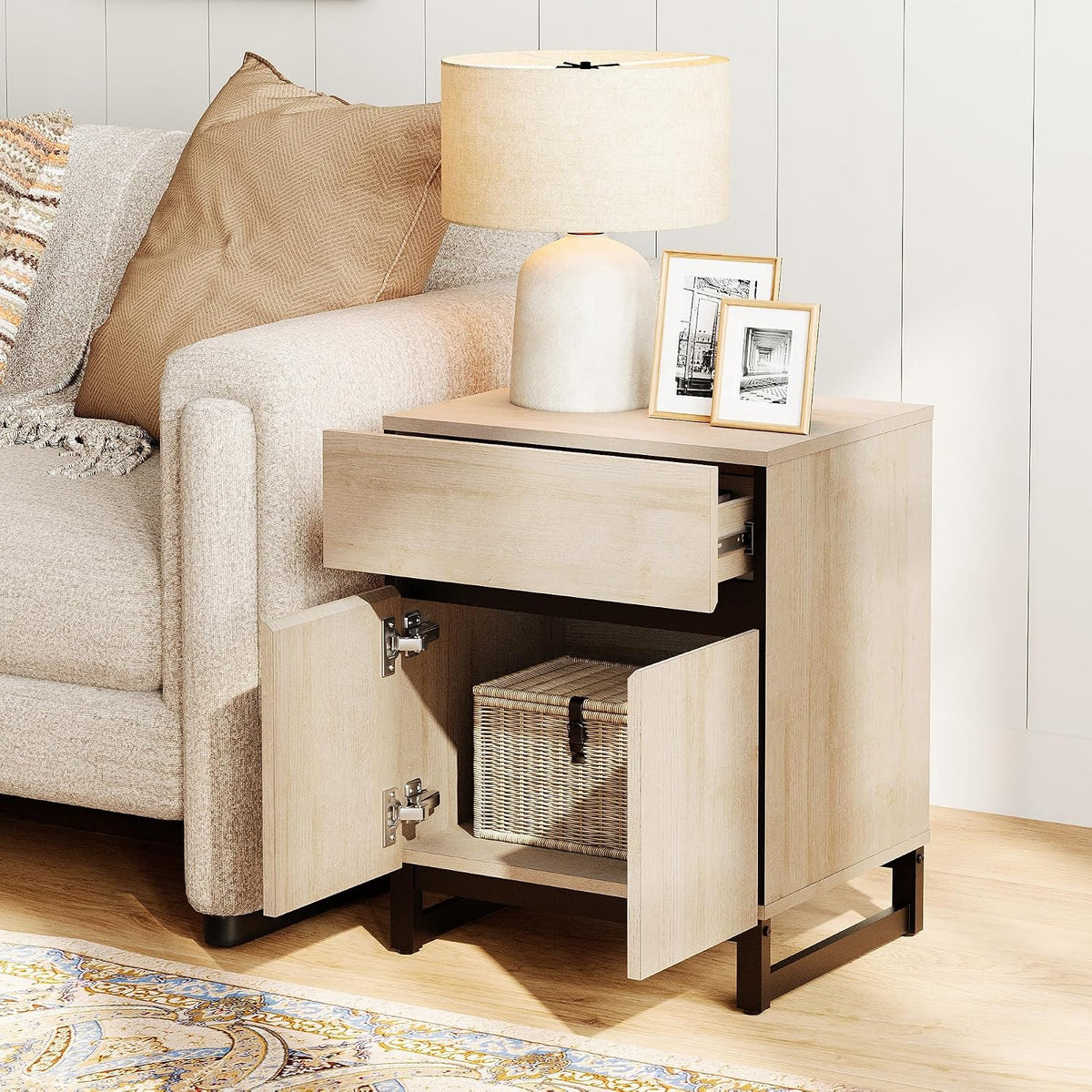 WAMPAT Modern End Table with 1 Drawer & 1 Storage Cabinet, Farmhouse Sofa Table, Wooden Rustic Side Sofa Table with Metal Leg for Living Room, Nighstand for Bedroom, Beige, 1 Psc
