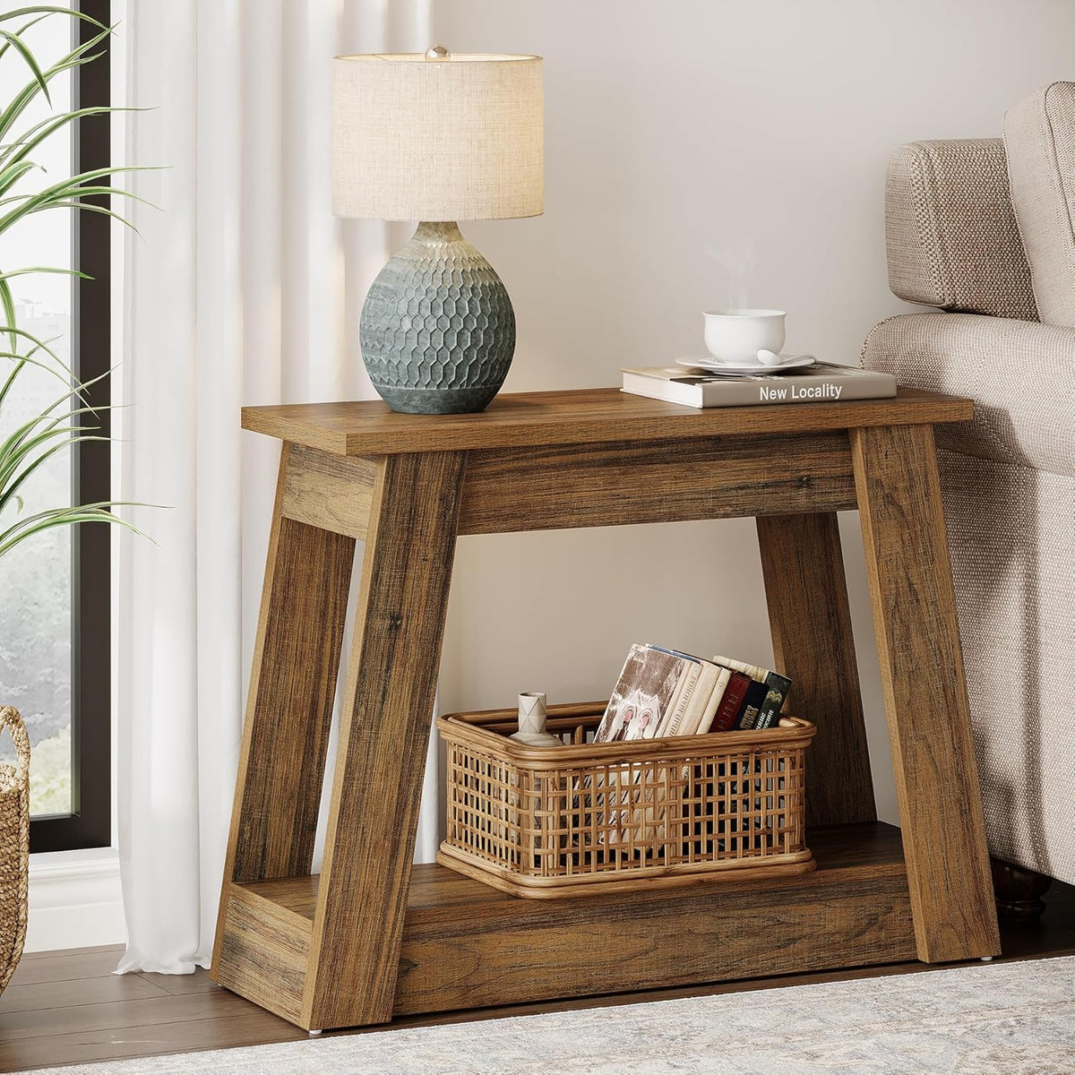 Tribesigns Wood End Table, Small Side Table with 2 Storage Shelves, Rustic Accent Narrow Nightstand for Living Room, Bedroom (1, Rustic Brown)