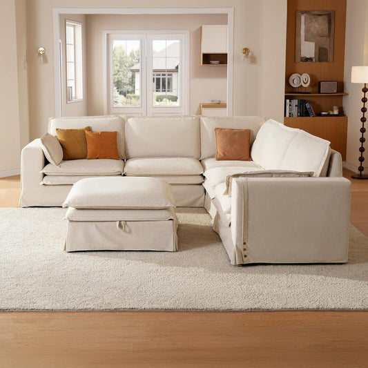 117.7" Washable Oversized Modular Sectional Sofa, Cloud Couch with Fully Removable Cover, Comfy Sectional Couches for Living Room, Performance Fabric, Beige, 6-Seater with Corner & Ottoman, V-Shaped