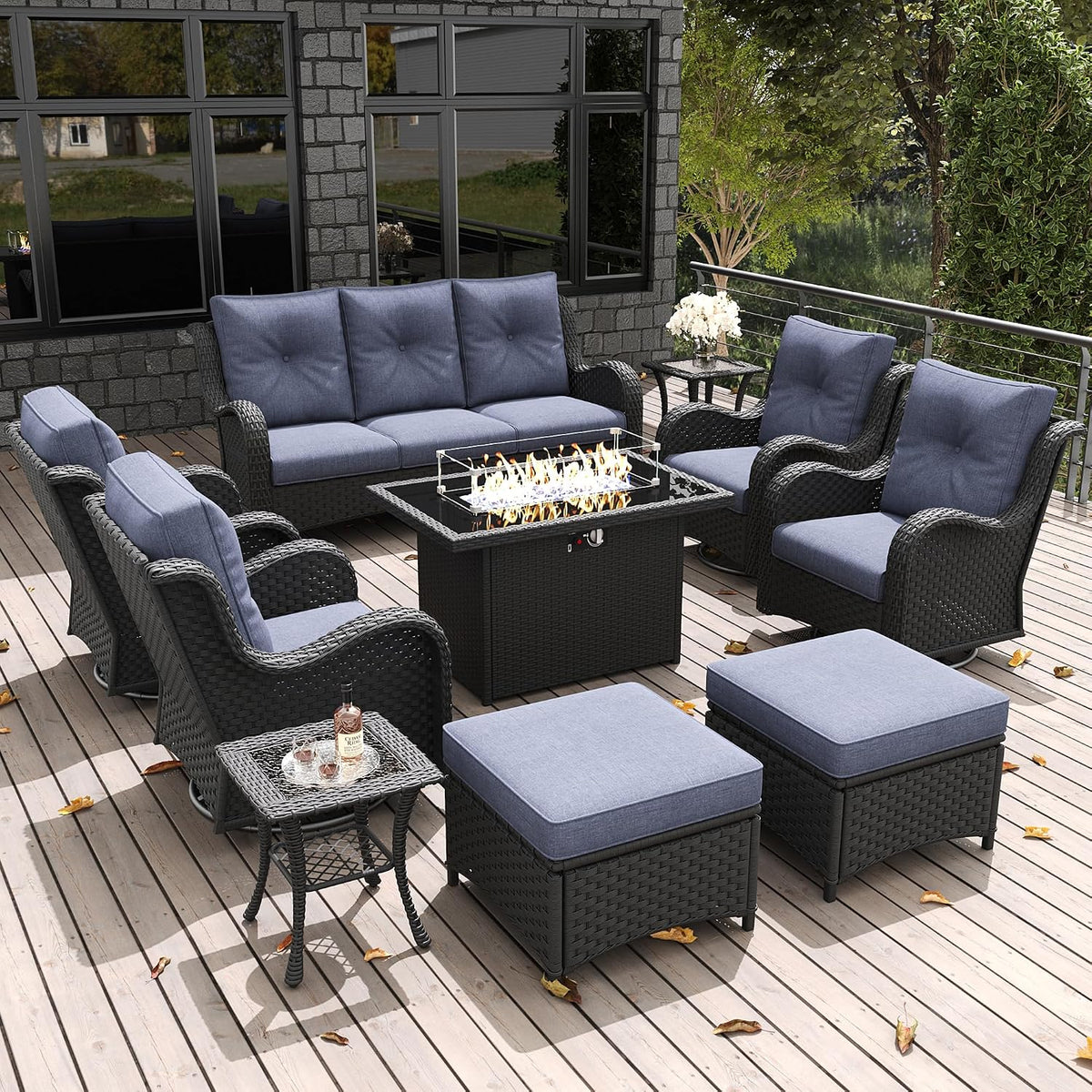 LayinSun 10 Pieces Outdoor Patio Furniture Set with Fire Pit Table, Rattan Wicker Sectional Swivel Rocker Chairs Sets with Ottomans, Swivel Glider Chairs and Coffee Table