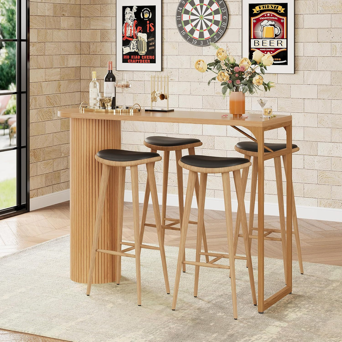 55" Long Bar Table, Fluted Wood Counter Height Pub Table, High Top Kitchen Breakfast Bar Tables with Sturdy Metal Frame, Modern Bar Height Dining Table for Bistro, Dining Room, Living Room
