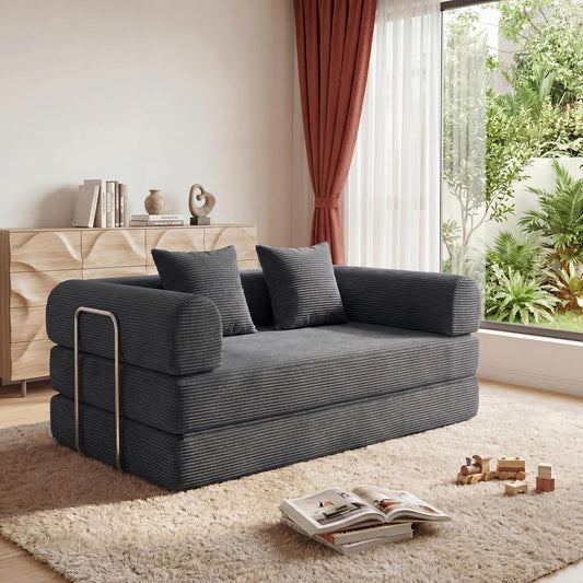 Futon Sofa Bed Modular Loveseat Sleeper Folding Pull Out Couch with Pillows, No Assembly Required Couch for Living Room Bedroom Guest Room (Grey, 59.06" Loveseat Sofa)