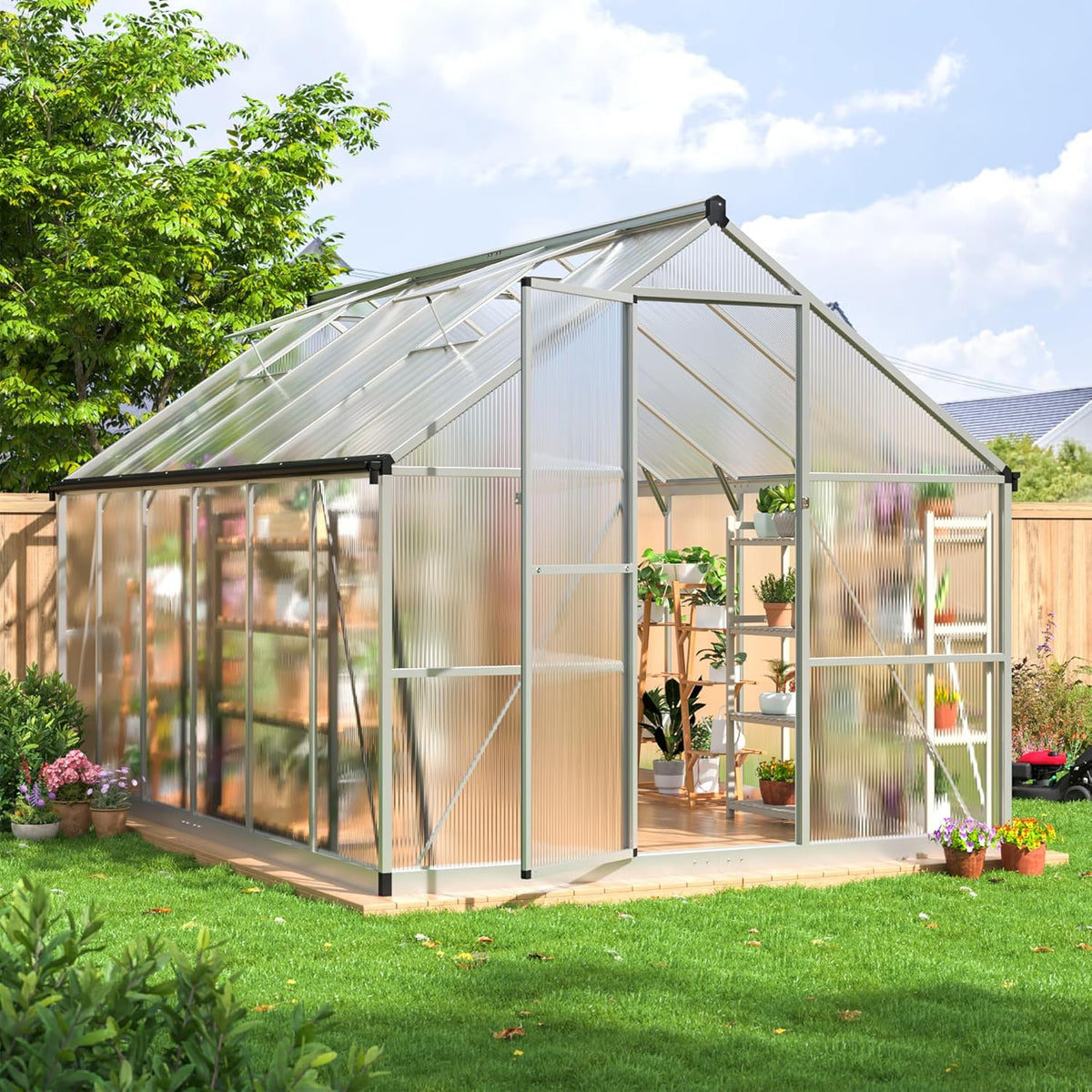 Greenhouse - 8x12 FT Quick Setup Polycarbonate with Roof Vent, Aluminum Large Walk-in for Outside Garden Backyard, Sliver