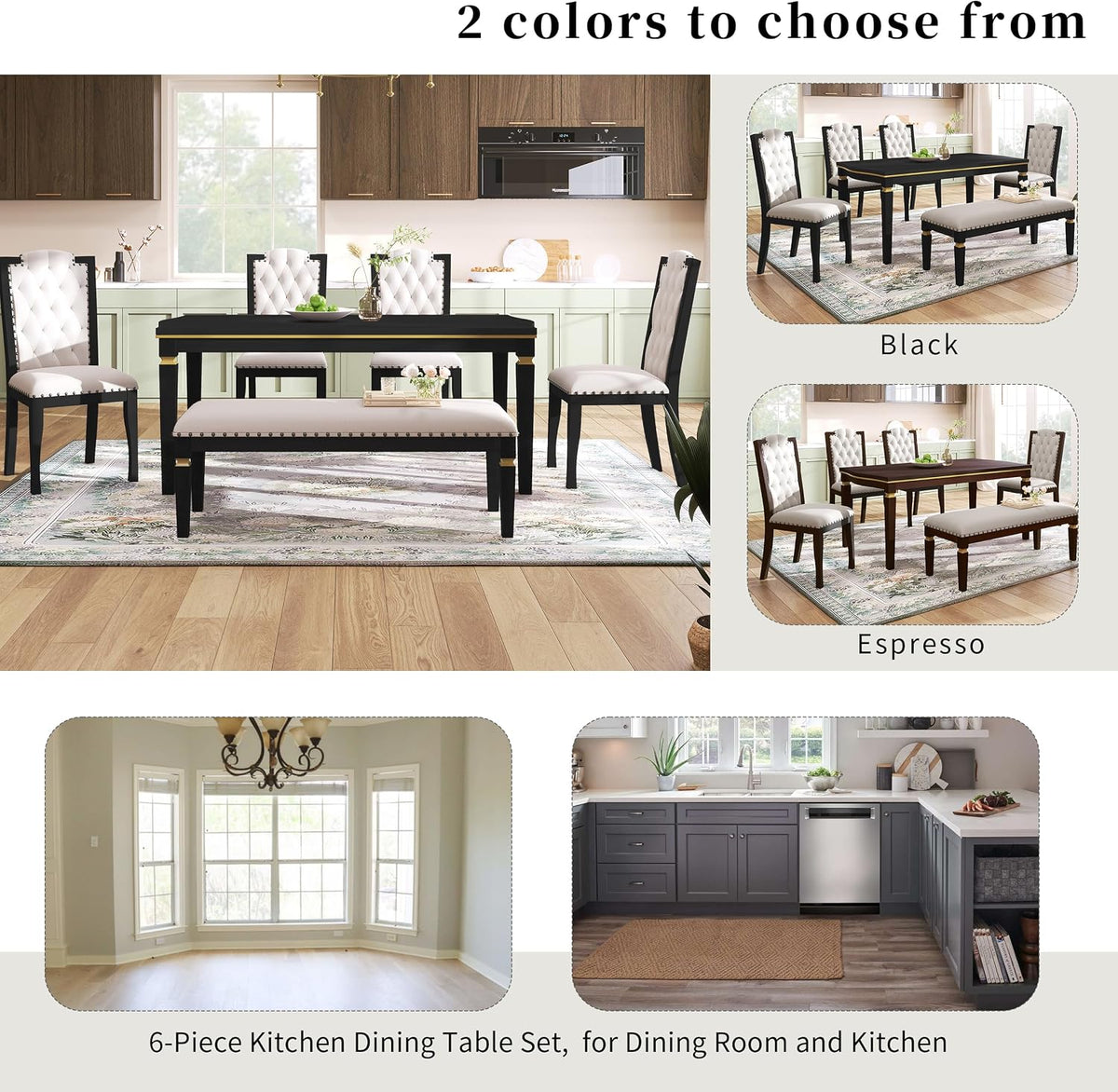 LUMISOL 6-Piece Farmhouse Dining Table Set, 60” Solid Wood Table, 4 Upholstered Chairs and Bench, Black