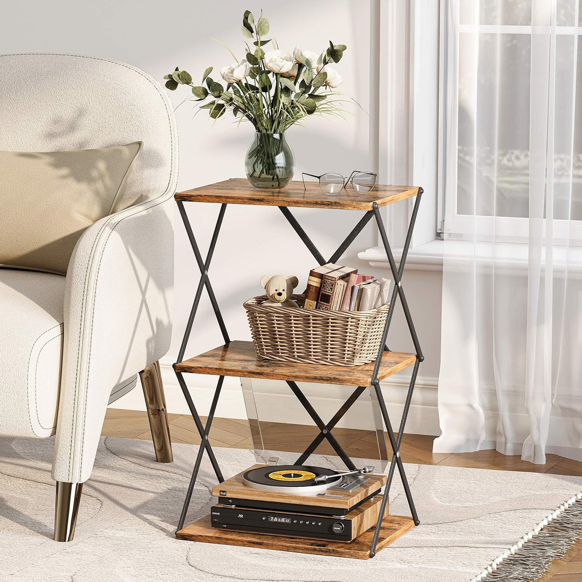 3-Tier End Table Small Side Table Tall Bedside Night Stand with Storage Sofa Side desks for Living Room Bedroom Office Bathroom Small Space Rustic Brown ET-03RB