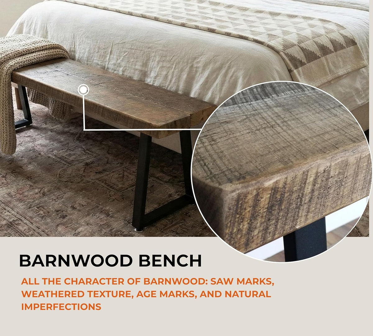 Rustic Revival Reclaimed Barnwood Bench, Solid Wood with Metal Base, Modern Farmhouse Style, 2-Inch Thick Top, for Entryway, Bedroom, Living Room (30x12)
