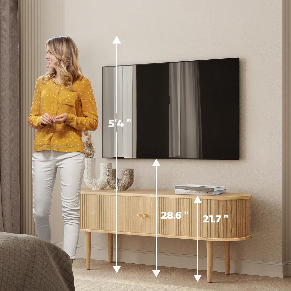 WERMO 55'' TV Stand with Storage and Shelves for 32-60 inch TV. Wood Entertainment Center with Doors for Living Room and Bedroom, Mid Century Modern Console Table, Television Stand (Oak)