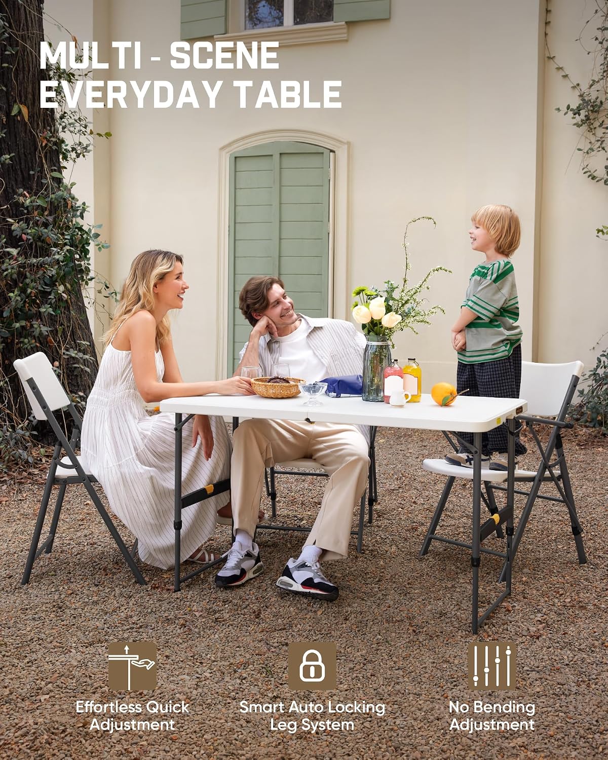 FanttikOutdoor Folding Table 4 Foot Quick Adjust Portable Plastic 4 Heights | Effortless Adjustable Height Small Card Table, Fixing Lock, Indoor Outdoor Use for Party Camping, 2-Pack White Zeta X4 Pro