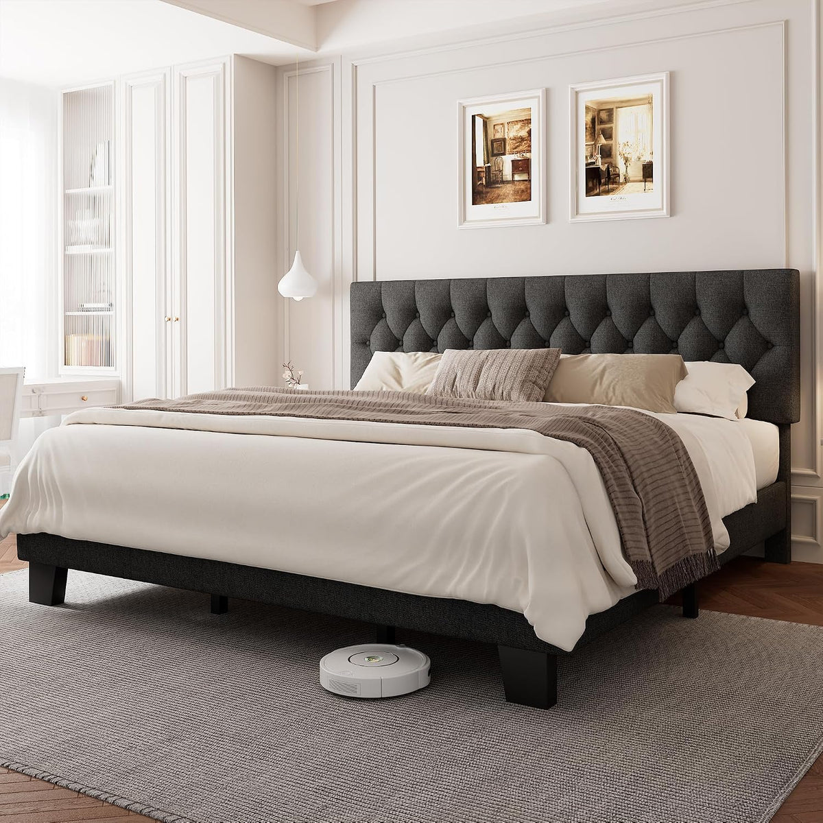 Einhomn King Size Upholstered Bed Frame with Headboard, Tufted Button Linen Bed Base, Platform Bed with Heavy Duty Wood Slat Support, No Box Spring Needed, Easy Assembly, Noise-Free, Dark Grey