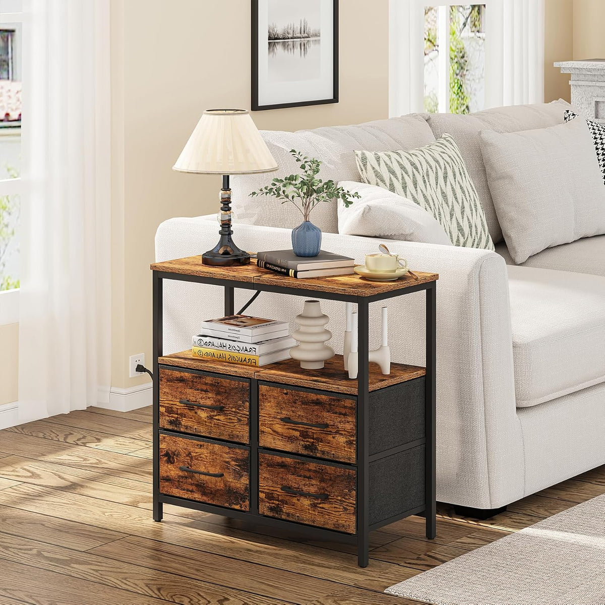 TUTOTAK Large Night Stand with Charging Station, Nightstand with USB and Type-C Port, Bedside Table with Cloth Drawers, End Table for Livingroom, Bedroom, Brown TB01BB081