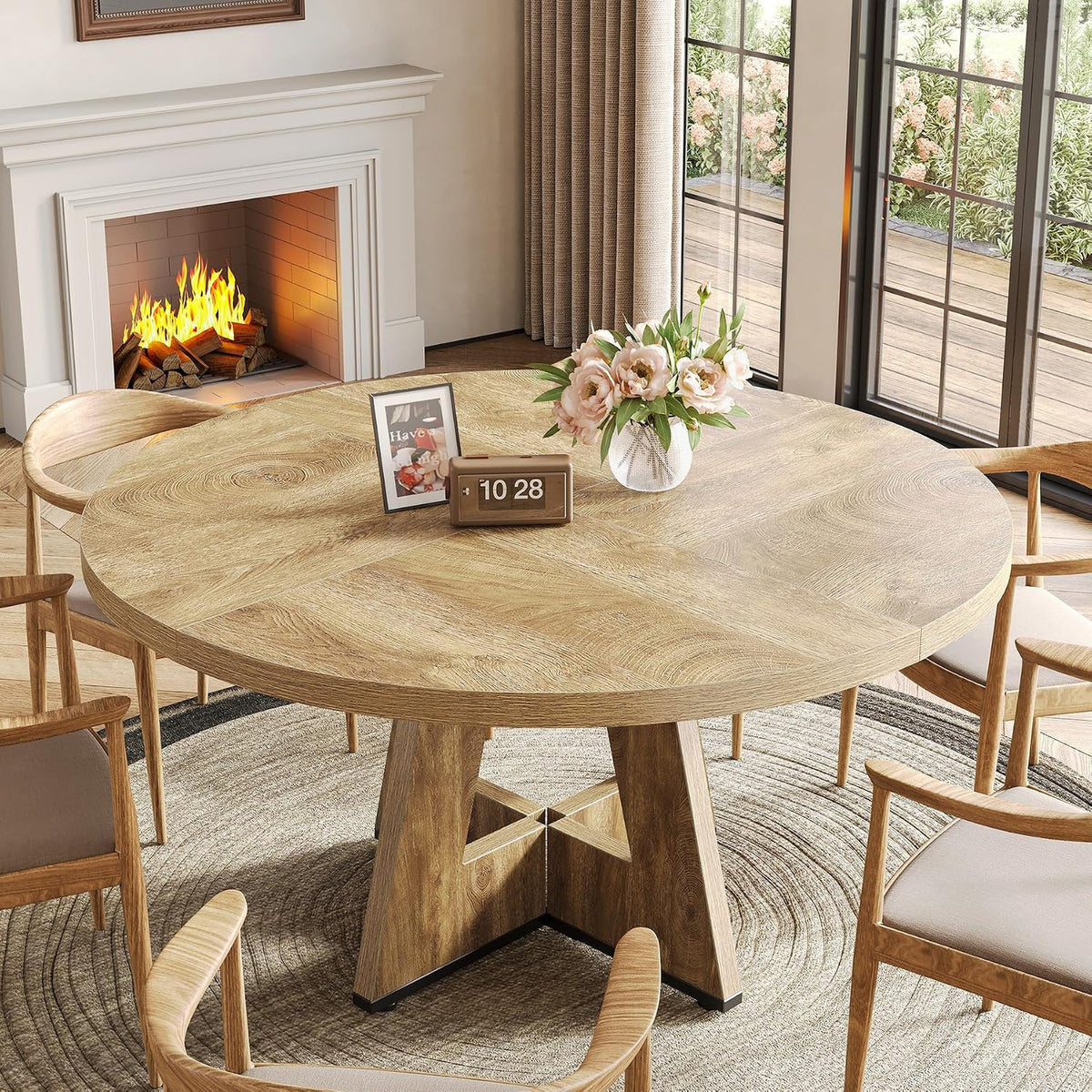 LITTLE TREE Round Dining Table for 4-6 People, 47 Inches Dining Room Table with Wooden Pedestal Base, Circle Kitchen Tables for Dining Room, Kitchen, Living Room, Oak