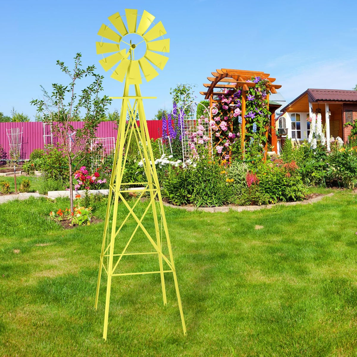 Garden Windmill for Yard Decor, 8 ft Tall Metal Windmill with Spinning Blades, Weather-Resistant Outdoor Windmill for Lawn, Farmhouse, Rustic & Farm Decor,Yellow