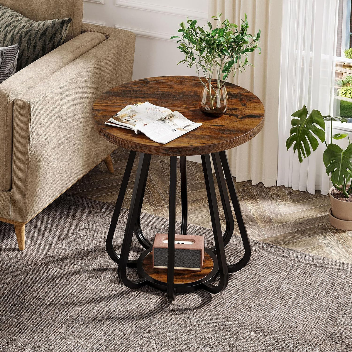 Tribesigns Round End Table with Storage, 2-Tier Side Table with Metal Frame and Lower Shelf, Small Accent Table Nightstand for Living Room, Bedroom, Small Spaces, Vintage Brown & Black