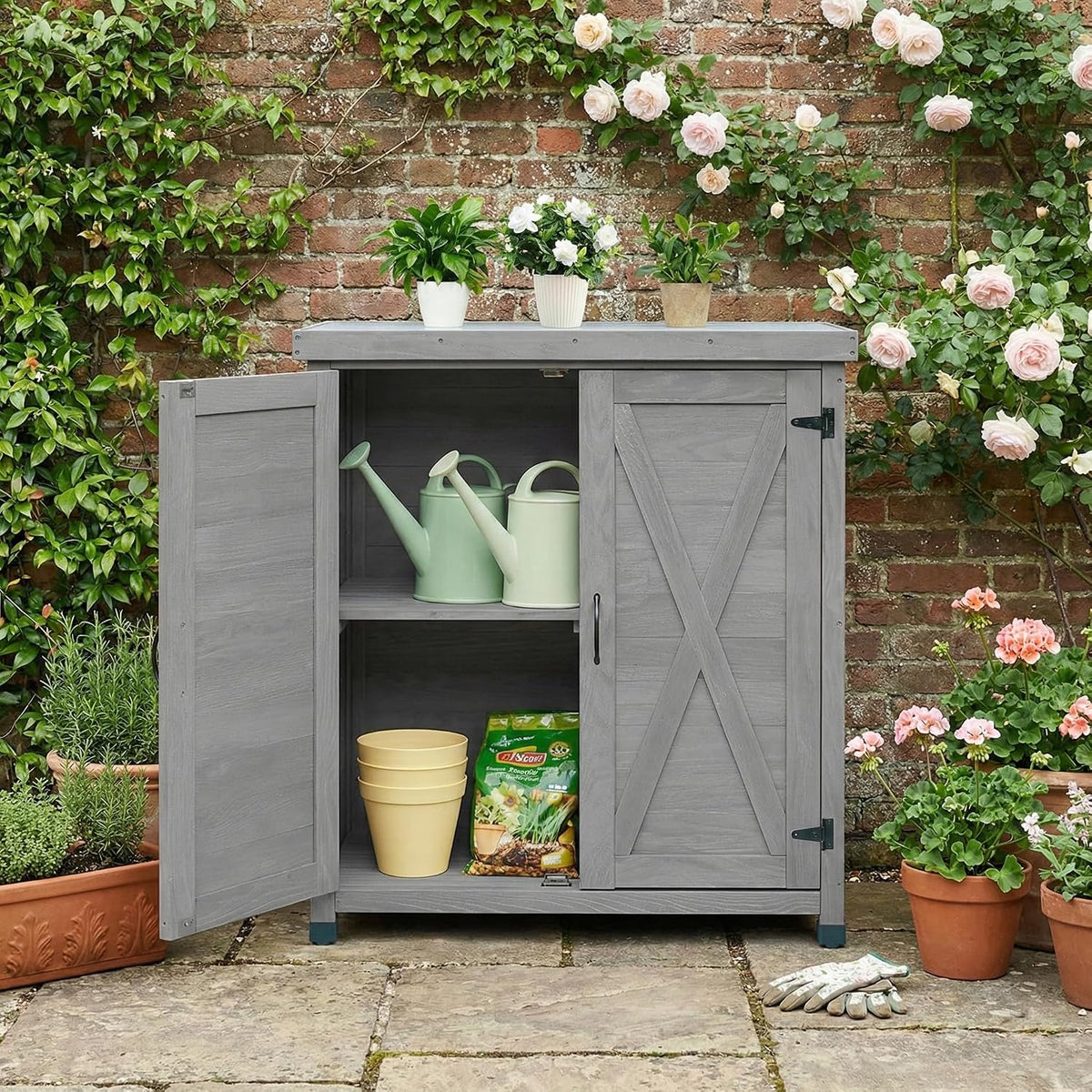 31" Weatherproof Small Storage Cabinet, Storage Cabinets with Premium Hemlock Wood, Tool Cabinet with Magnetic Door for Patio & Garage, Gray