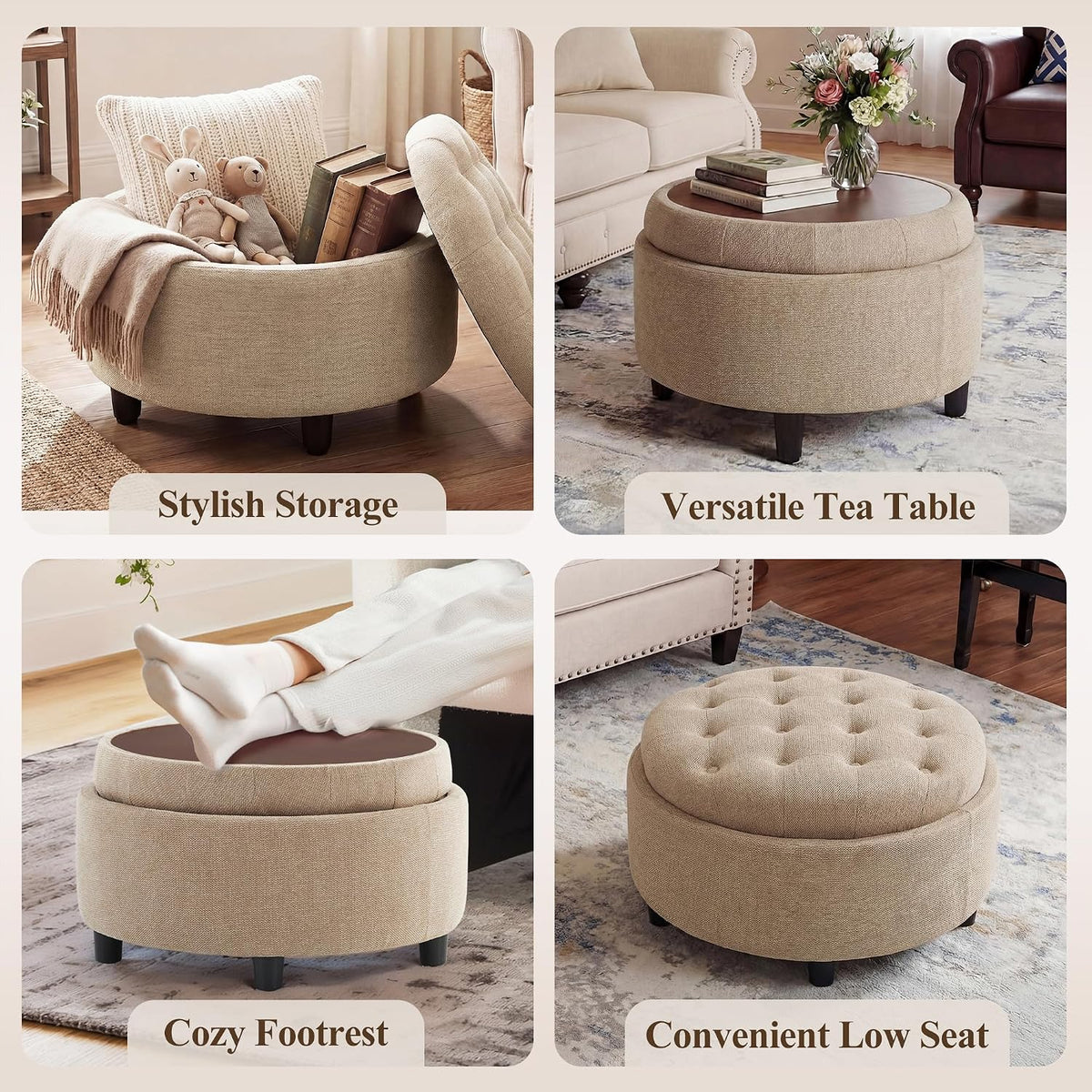 COLAMY Fabric Round Storage Ottoman with Reversible Tray Lid – Multi-Functional Footrest, Hidden Storage, Sturdy & Stylish Small Coffee Table for Living Room, Bedroom, or Entryway(Camel)