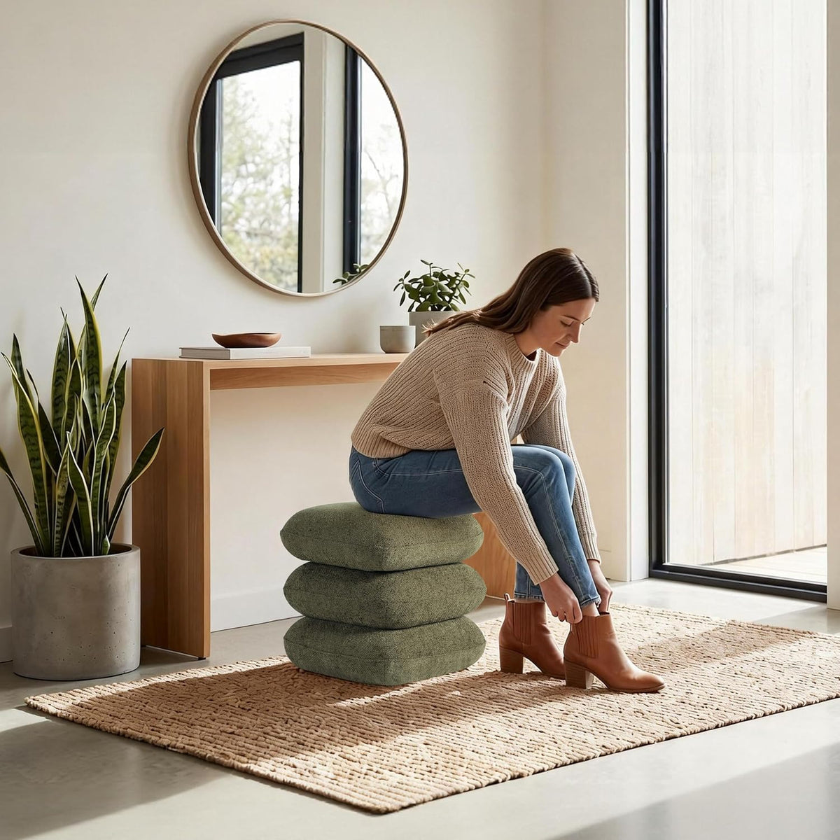 Get Set Style 360° Swivel Linen Ottoman, Modern Upholstered Foot Stool, Multifunctional Vanity Chair Accent Stool for Small Space, Living Room, Bedroom, Entryway, Olive Green