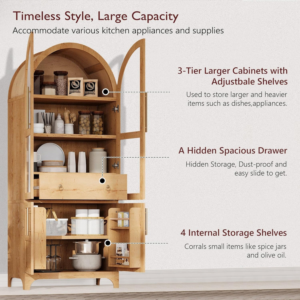 71" Tall Farmhouse Arched Pantry Cabinet with 4 Door Shelves, Adjustable Storage & Hidden Drawer - Rustic Kitchen Cupboard with Glass Door, Dining Room Organization (30"W x 15.75"D) (Natural)