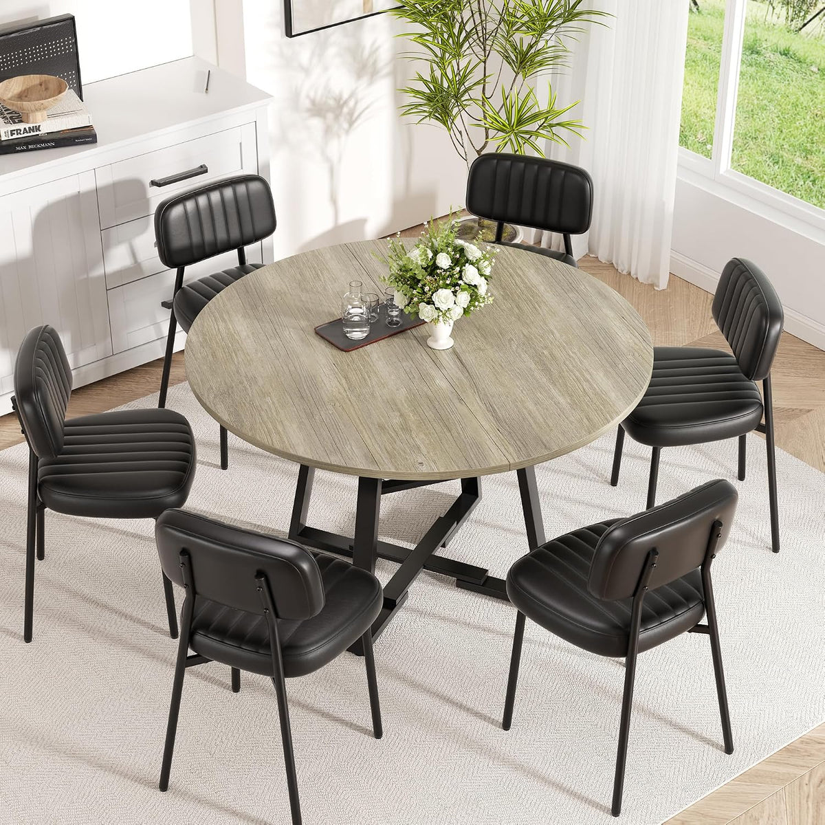 Round Dining Table for 4-6 People,47 Inch Dining Room Table,Modern Circle Kitchen Table with Storage Shelf and Metal Legs for Dining Room,Kitchen,Grey (Table Only)