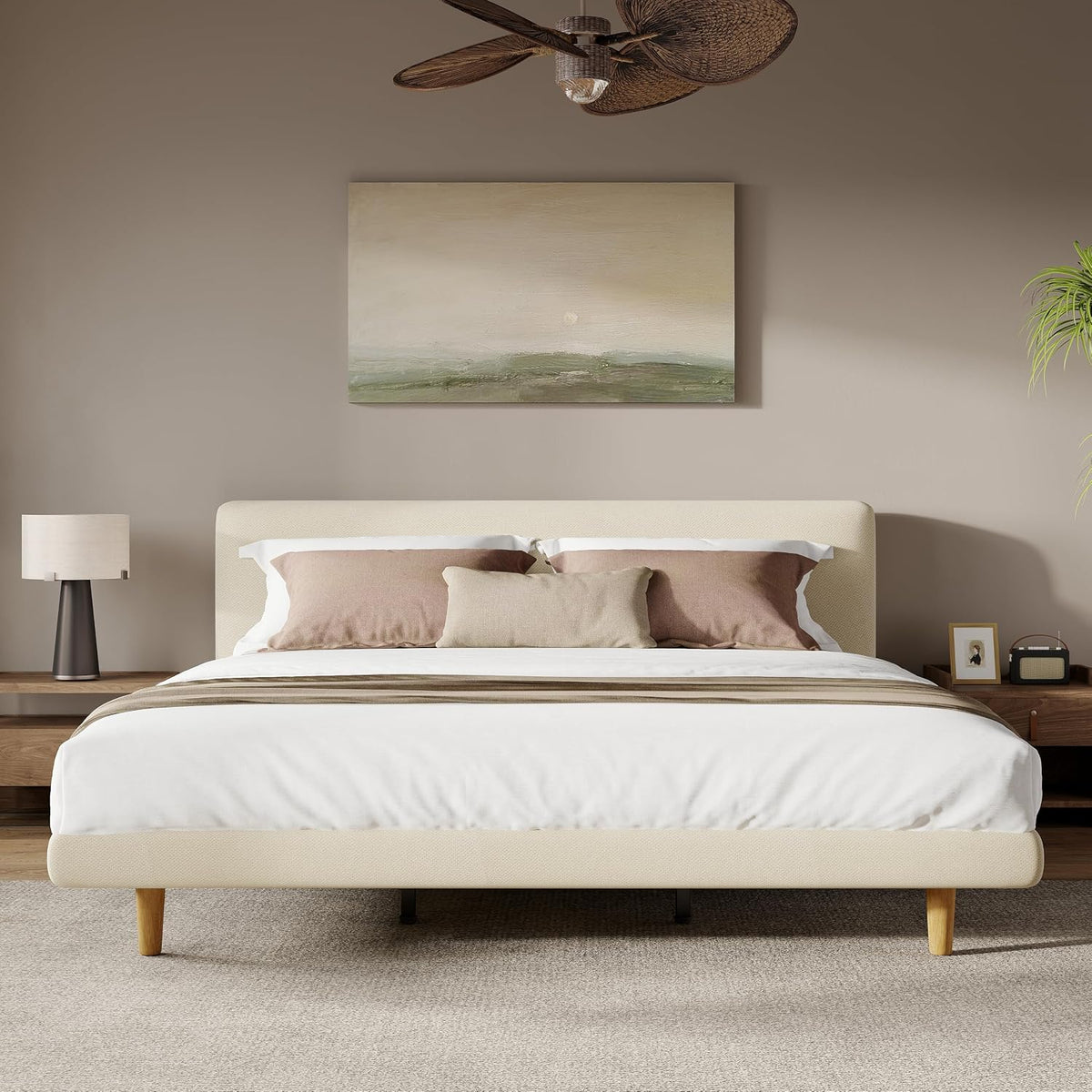 Cal-King Size Upholstered Beige Platform Bed with Chunky Headboard, Modern Fabric Bed Frame with 6-Inch Under-Bed Clearance for Bedroom, Solid Rubberwood Legs, 800lbs Capacity (California King)