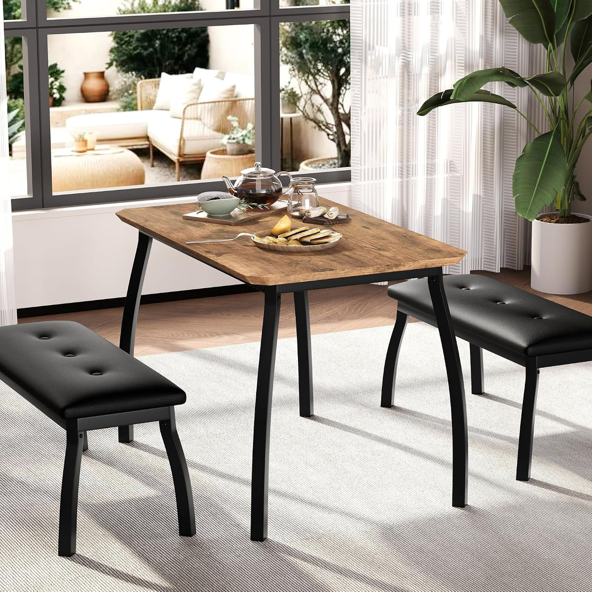 Dining Table Set for 4, 3-Piece Wooden Kitchen Table with 2 Upholstered Benches, Space-Saving Dinette Set for Restaurant, Studio, Dining Room, Home Kitchen(43''x28''x30''), Retro