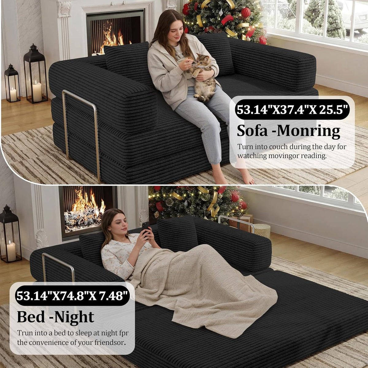 BSHOMGI Convertible Futon Sofa Bed, Couch for Living Room,Modular Futon Couch with Fixed-Shape Frame Corduroy Loveseat Sleeper Sofas with Pull-Out Couches for Small Space Apartment
