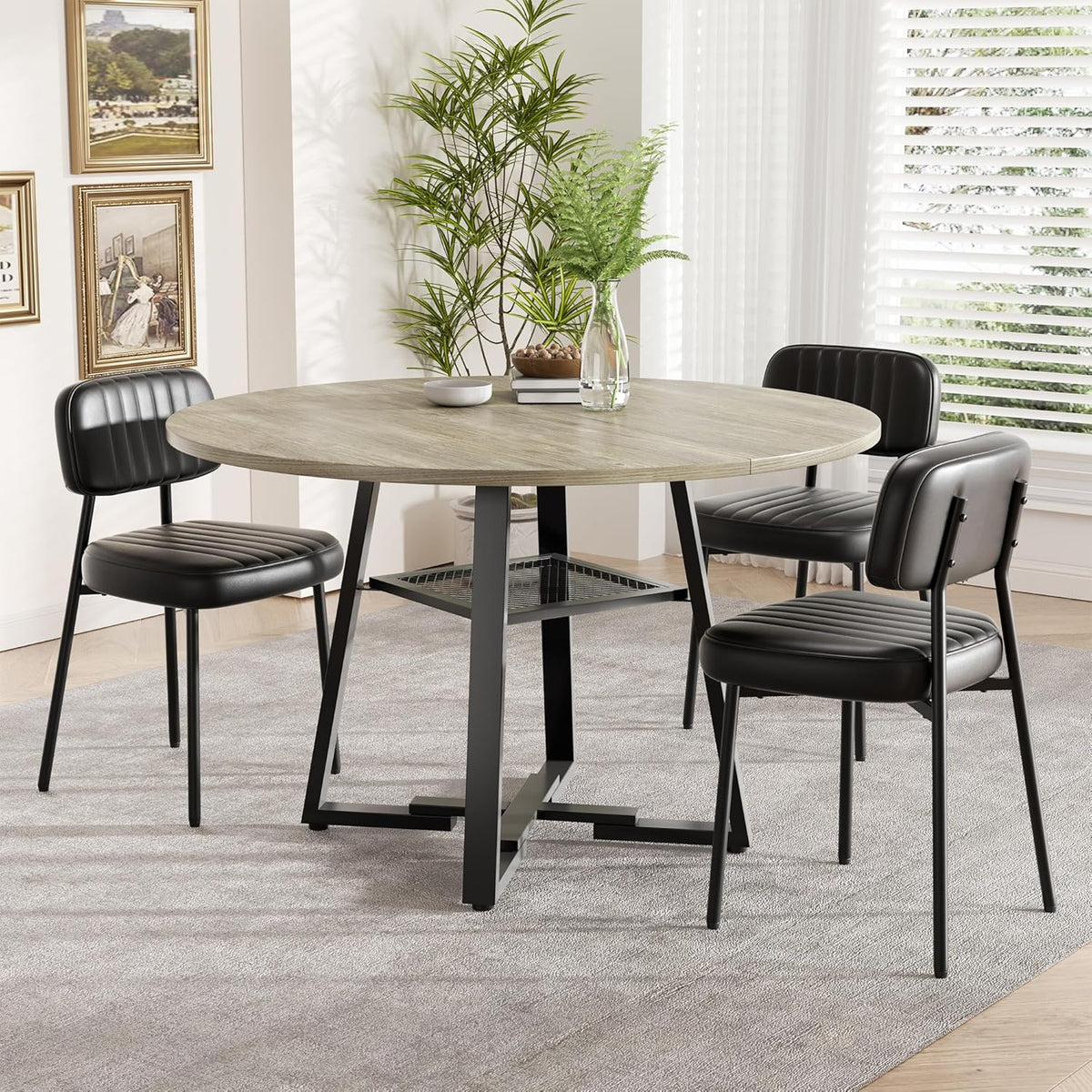 Round Dining Table for 4-6 People,47 Inch Dining Room Table,Modern Circle Kitchen Table with Storage Shelf and Metal Legs for Dining Room,Kitchen,Grey (Table Only)
