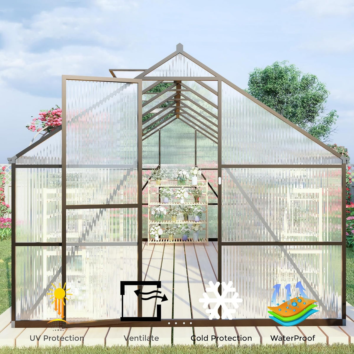 CQZY 8x10 FT Greenhouse for Outdoors, Polycarbonate Greenhouse with Quick Setup Structure and Roof Vent, Aluminum Large Walk-in Green House for Outside Garden Backyard,Dark Gray