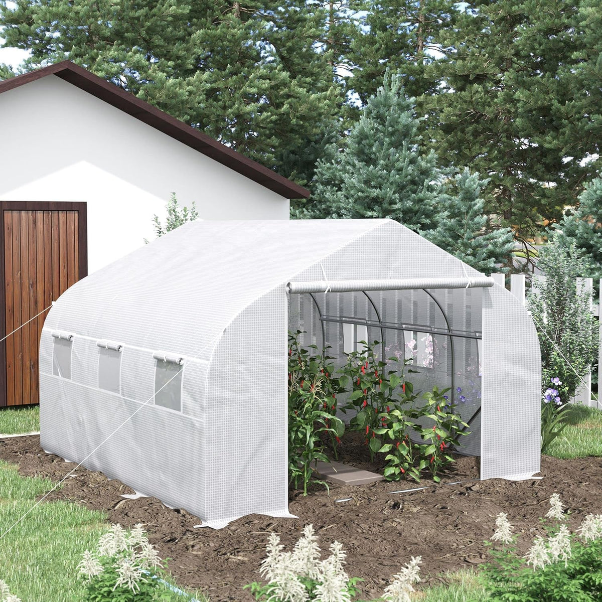 Outsunny 11.5' x 10' x 6.5' Walk-in Greenhouse, Tunnel Green House with Zippered Mesh Door and 6 Mesh Windows, Gardening Plant Hot House with Galvanized Steel Frame, White