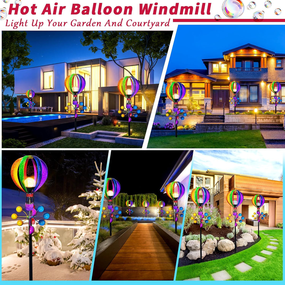 Solar Wind Spinner Outdoor - Hot Air Balloon Wind Spinners, Metal Garden Decor with LED Lights, 360° Rotating Waterproof Yard Decorations, Solar Powered for Day & Night, Lawn & Patio Windmill