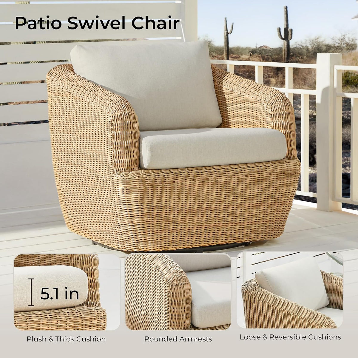 CHITA 2 Pieces Patio Wicker 360° Swivel Chairs with Removable Cushion, Backyard Rattan Chair for Sunrooms, Patios, Decks, Fully Assembled(Beige Cushions with Light Brown Wicker)