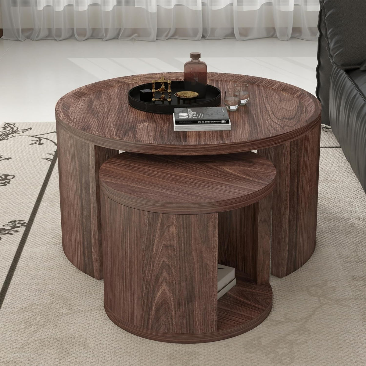 32" Anti-Slip Nesting Tables, Nesting Side Tables with Smooth Wood top, Nesting Coffee Tables with Minimalist Aesthetic for Modern Interior Home Spaces, Natural Wood
